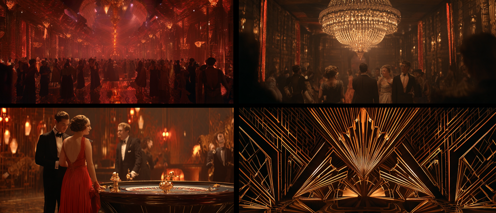 Guests dressed in 1920s attire at a glamorous Great Gatsby themed party