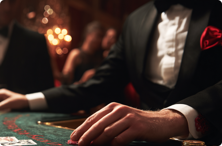 Blackjack table showing cards revealing a sixteen, with chips and intense atmosphere