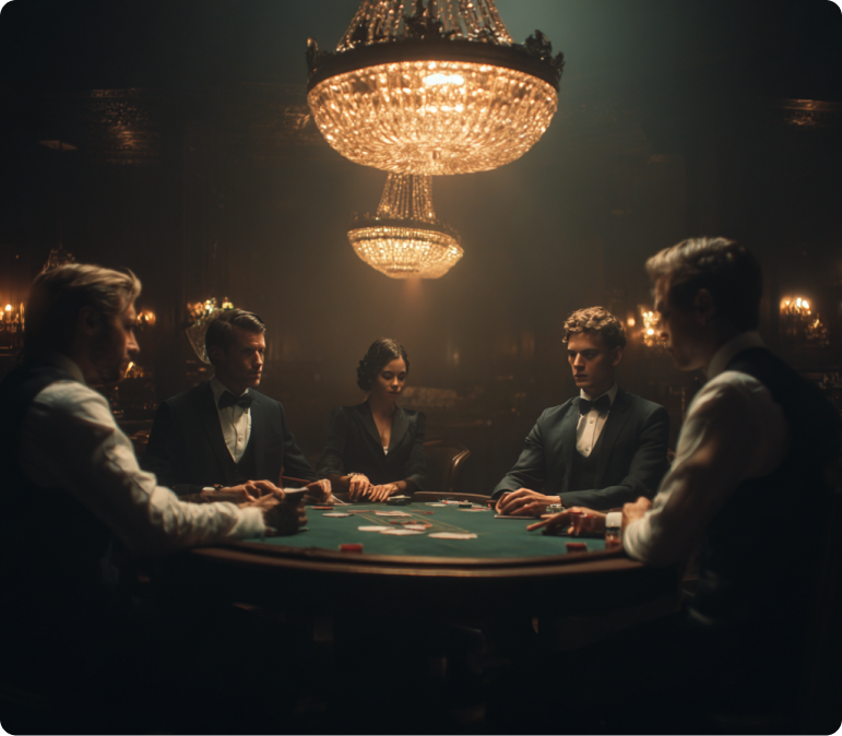 Intense poker scene with players facing off across the table, cards showing sixteen