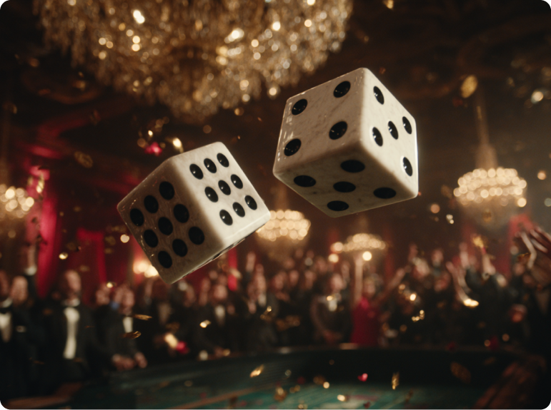 Dice frozen in mid-air above a craps table, surrounded by an energetic crowd