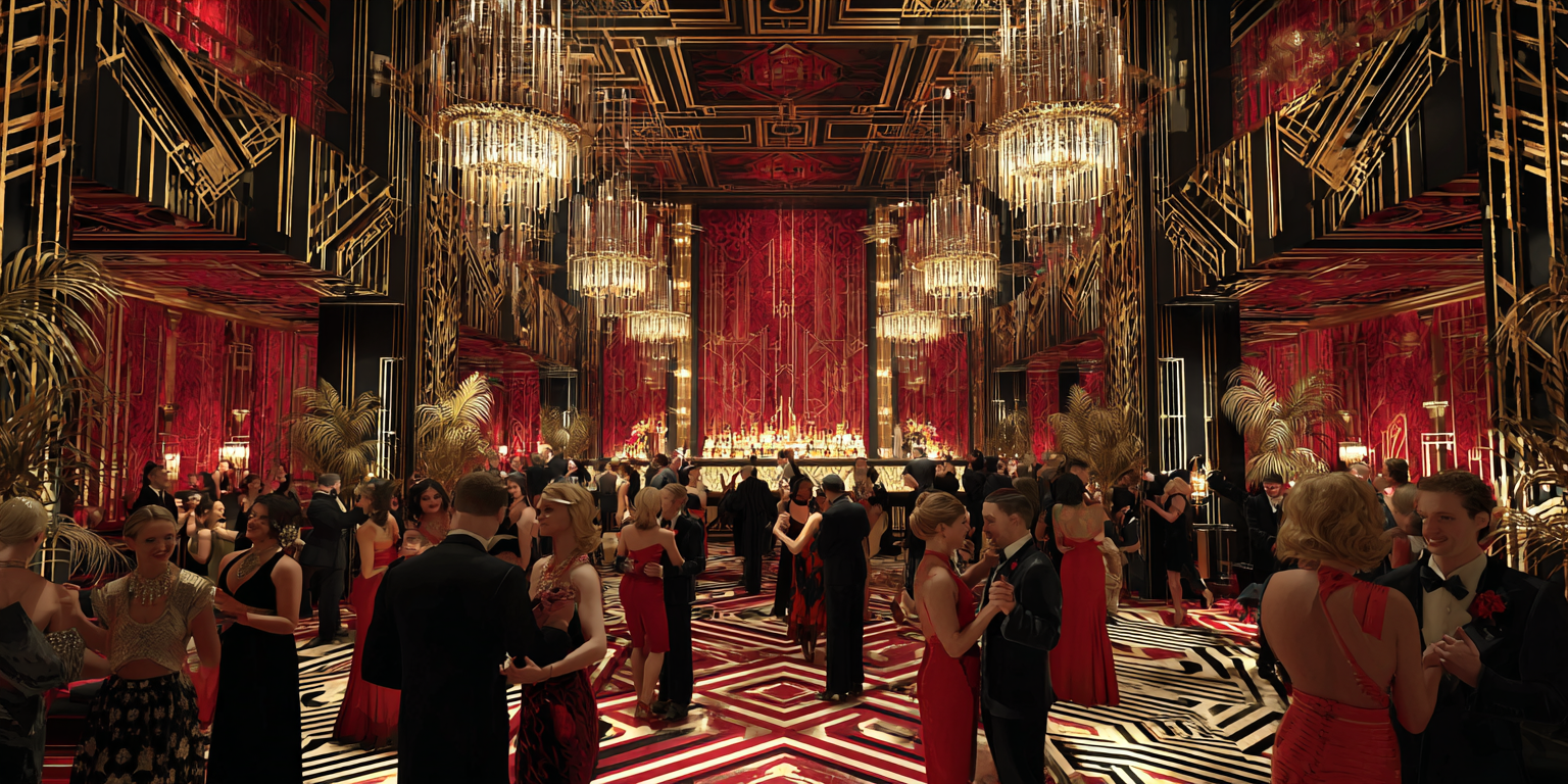 Glamorous Art Deco scene reminiscent of the Great Gatsby era